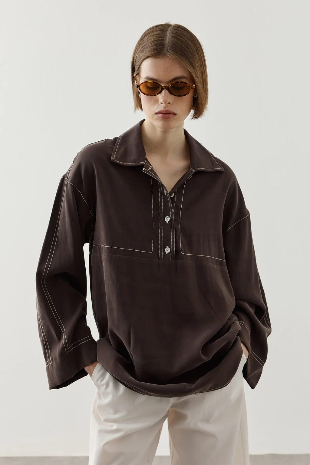 Brown Contrast Stitch Tencel Shirt