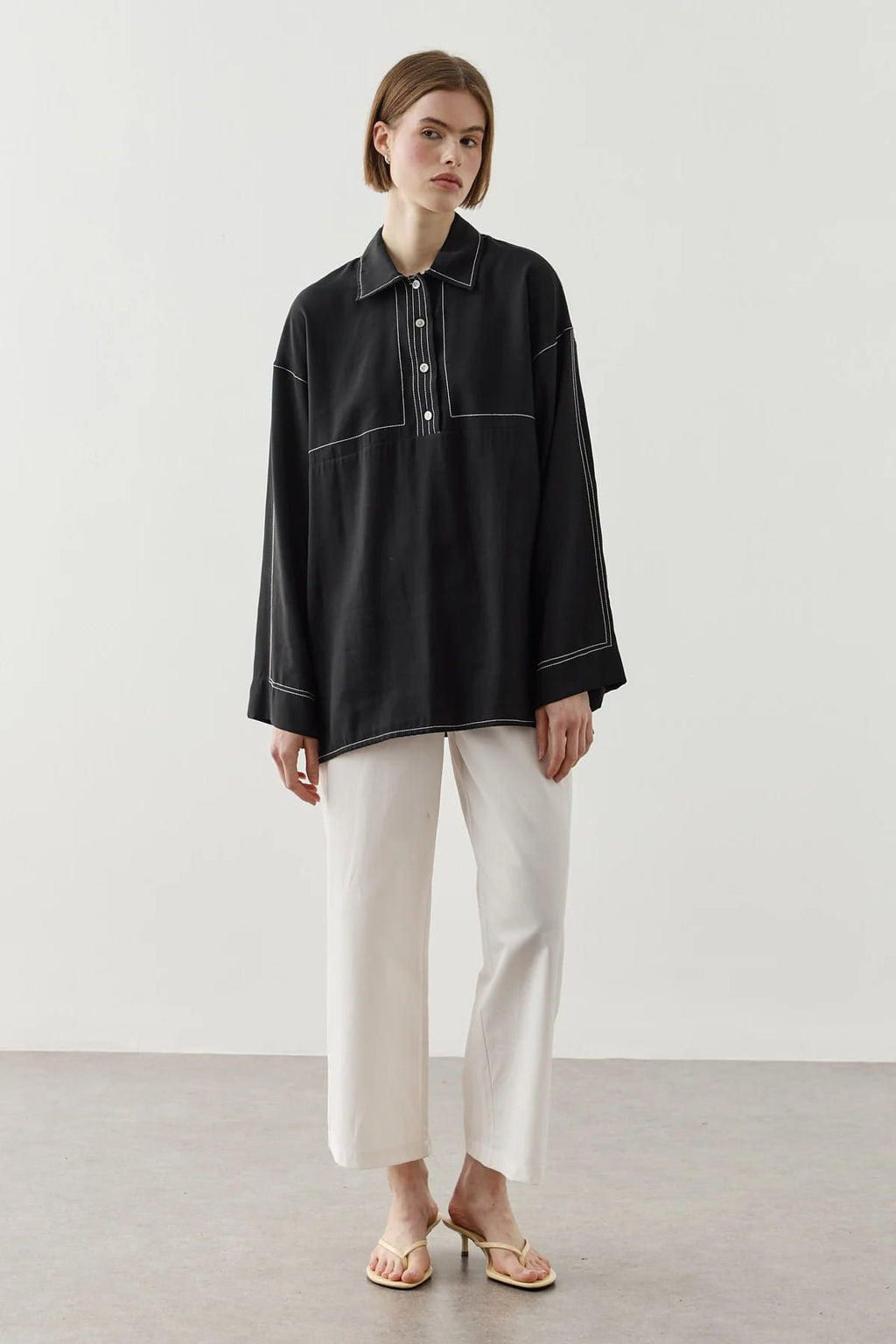 Black Contrast Stitch Tencel Shirt