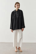 Black Contrast Stitch Tencel Shirt