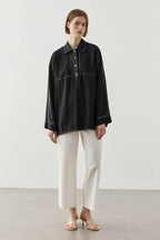 Black Contrast Stitch Tencel Shirt