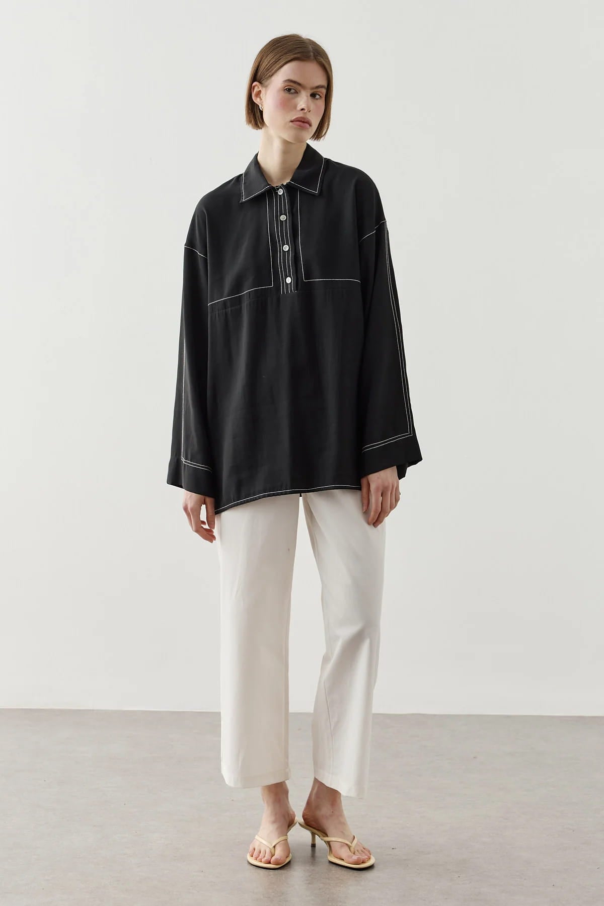 Black Contrast Stitch Tencel Shirt