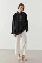 Black Contrast Stitch Tencel Shirt