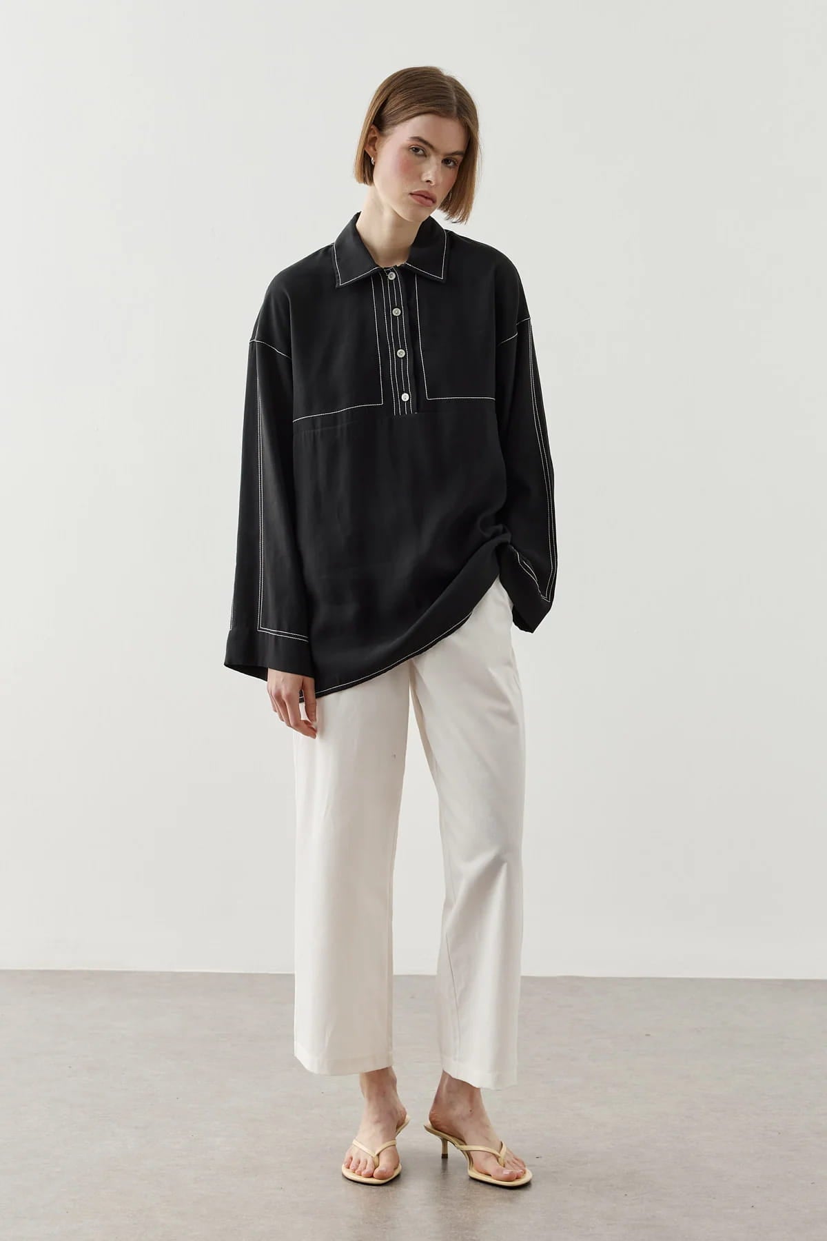Black Contrast Stitch Tencel Shirt