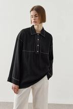 Black Contrast Stitch Tencel Shirt