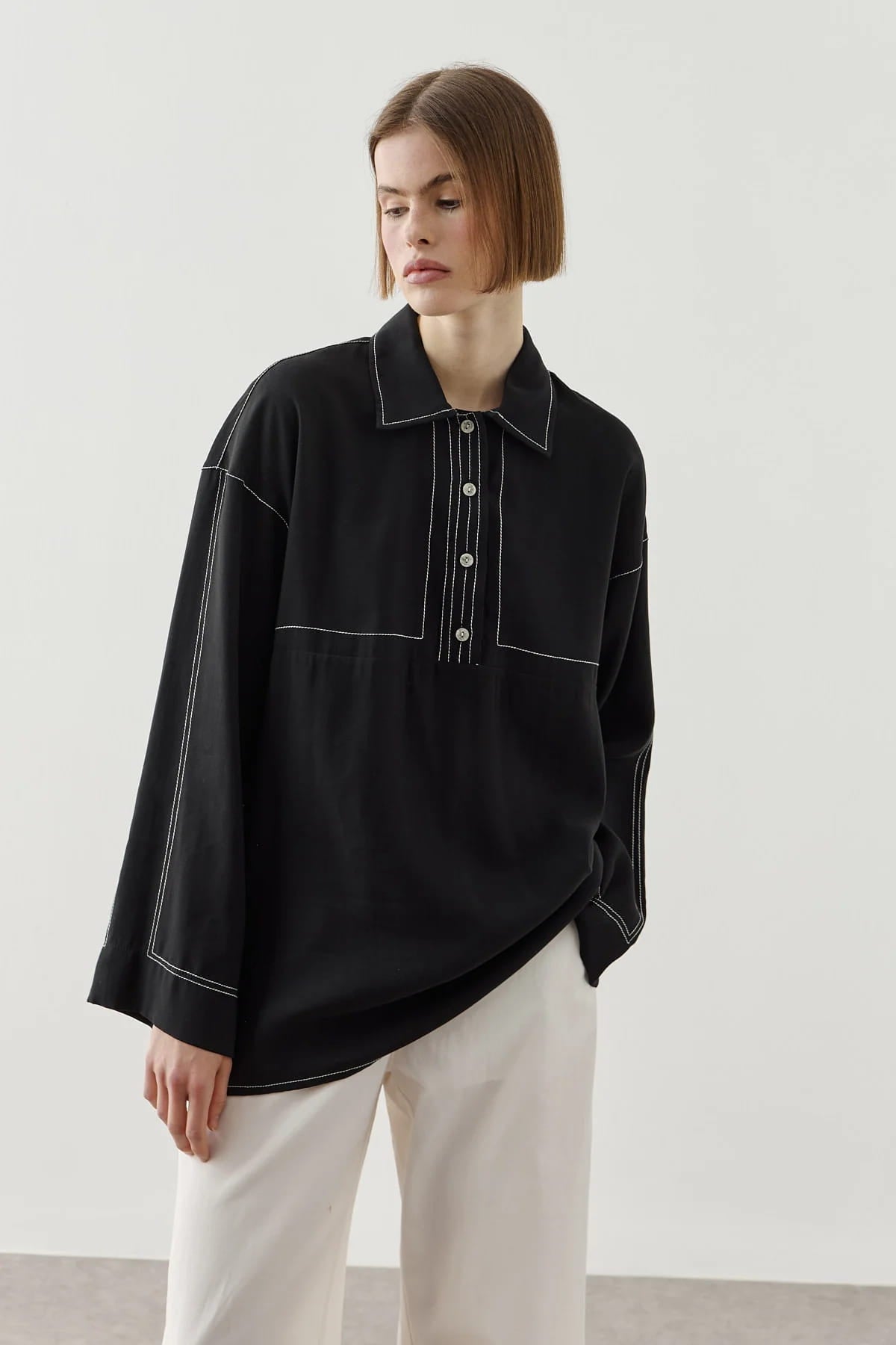 Black Contrast Stitch Tencel Shirt