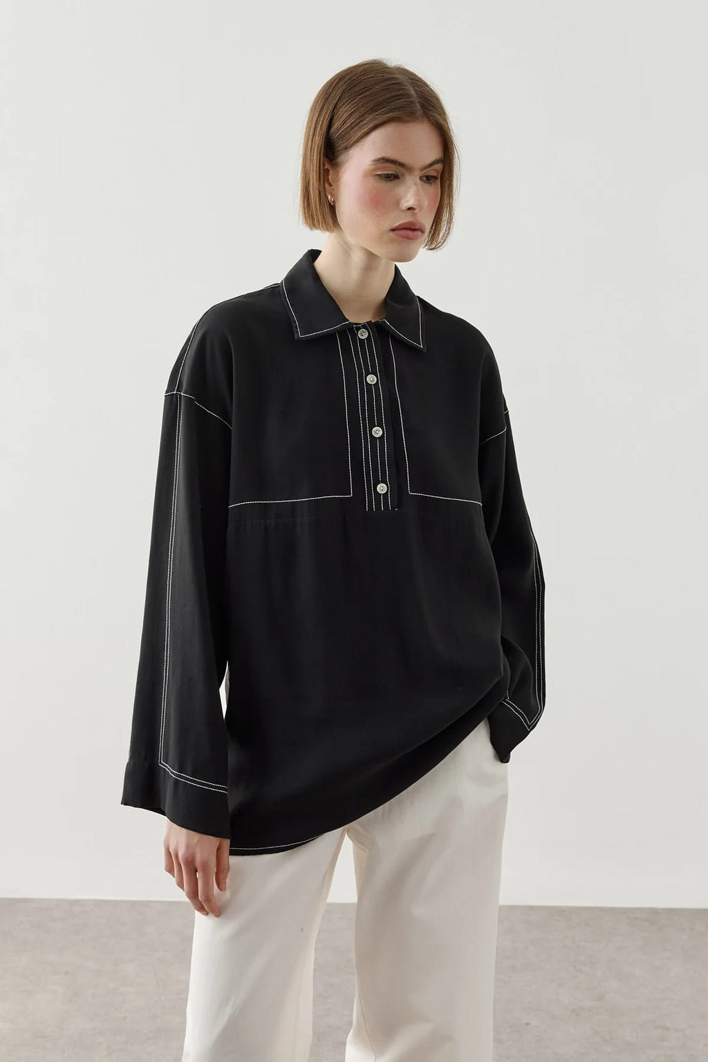 Black Contrast Stitch Tencel Shirt