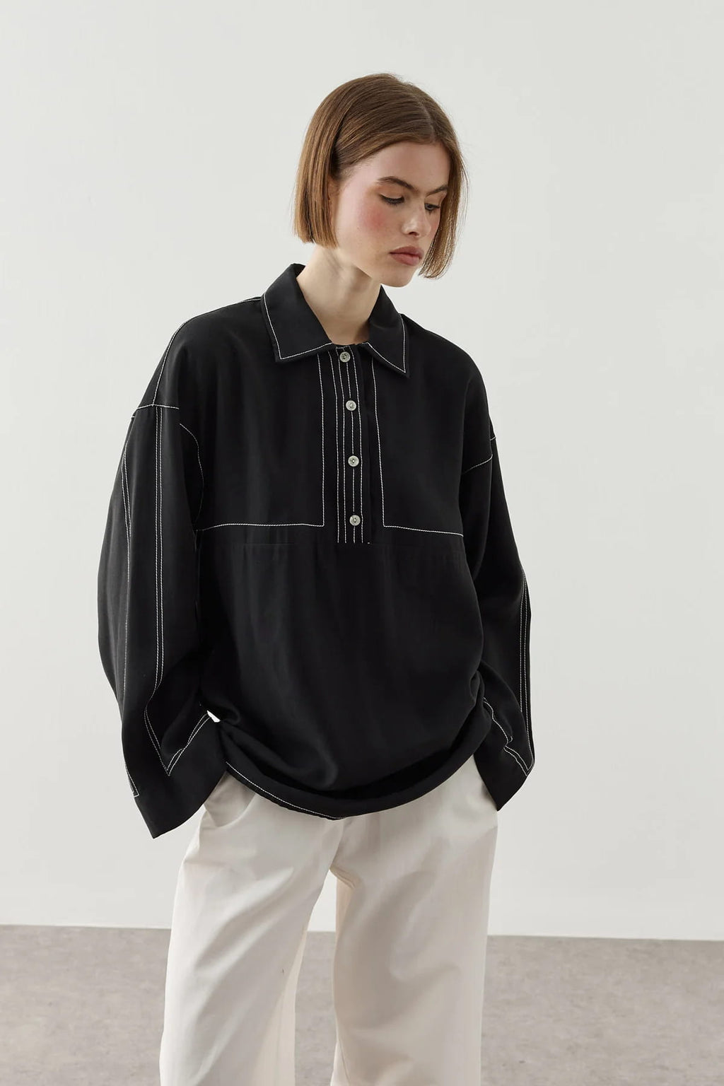 Black Contrast Stitch Tencel Shirt