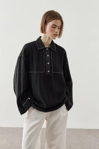 Black Contrast Stitch Tencel Shirt