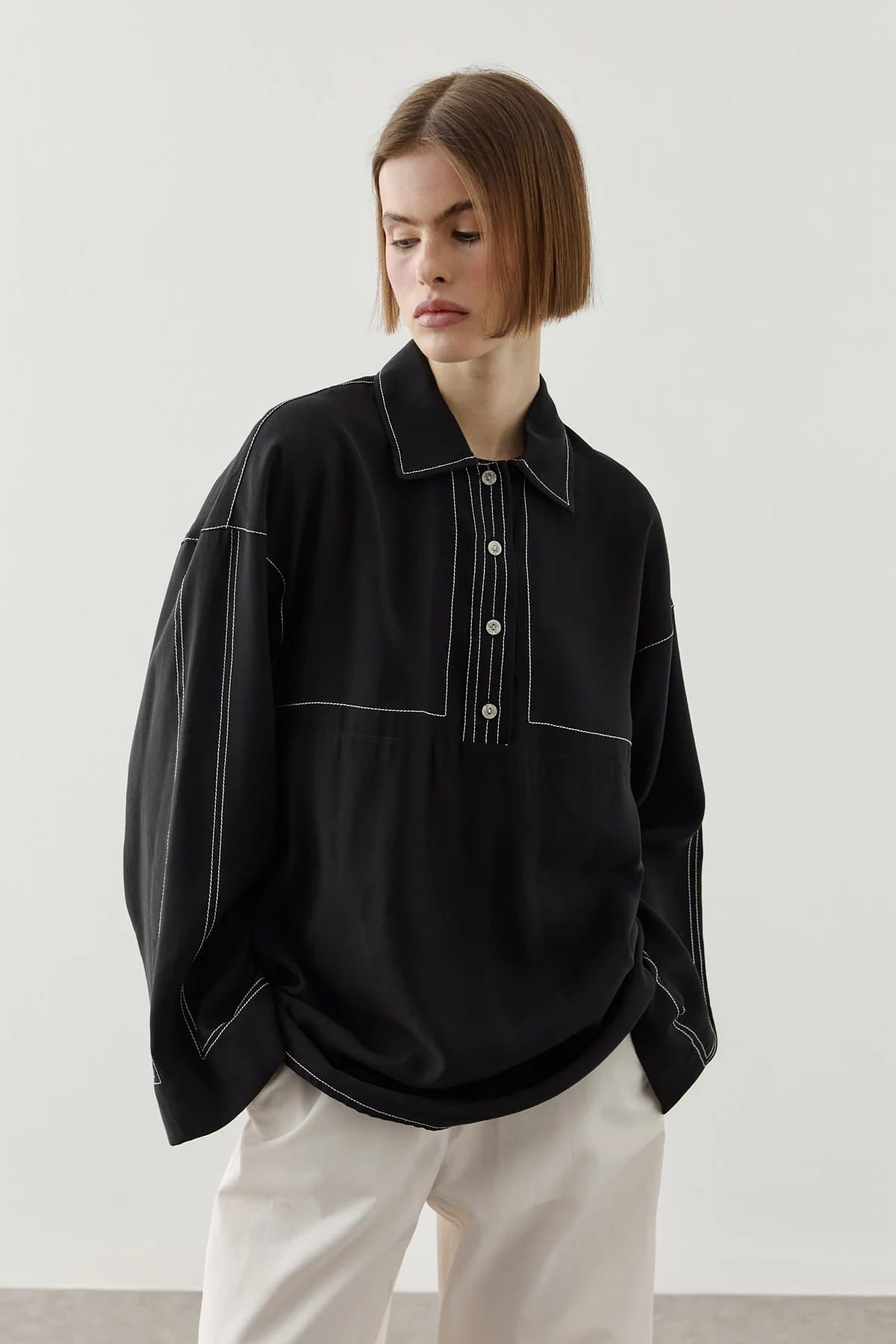 Black Contrast Stitch Tencel Shirt