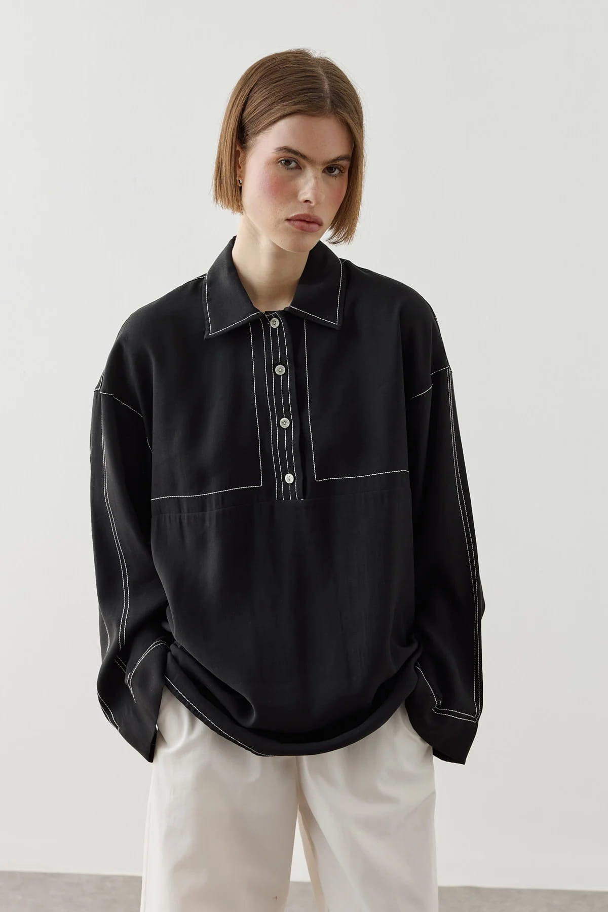 Black Contrast Stitch Tencel Shirt