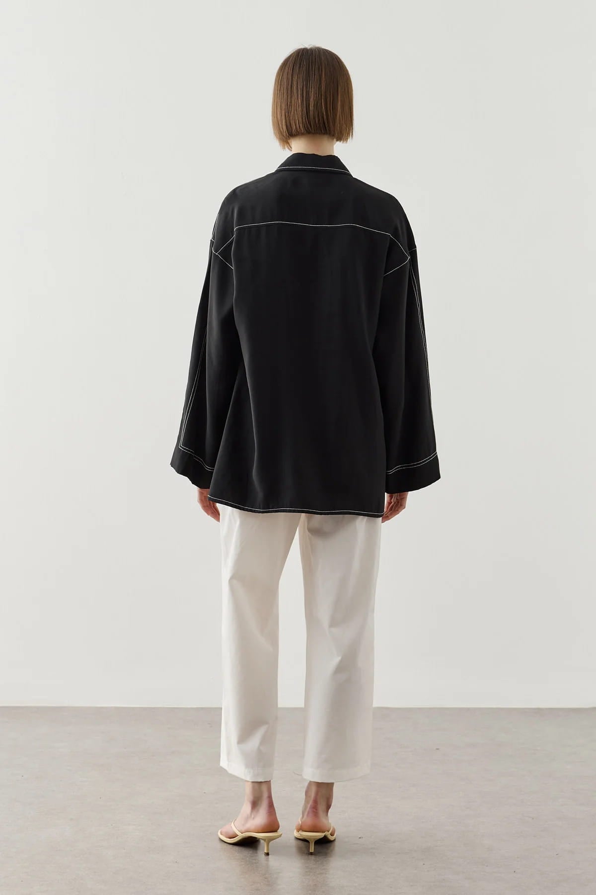 Black Contrast Stitch Tencel Shirt