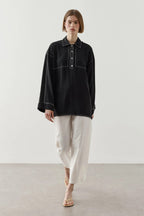 Black Contrast Stitch Tencel Shirt