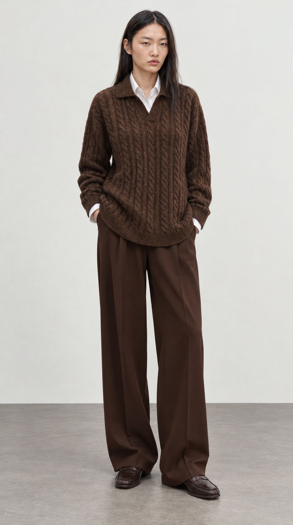 Collared hair knit sweater brown