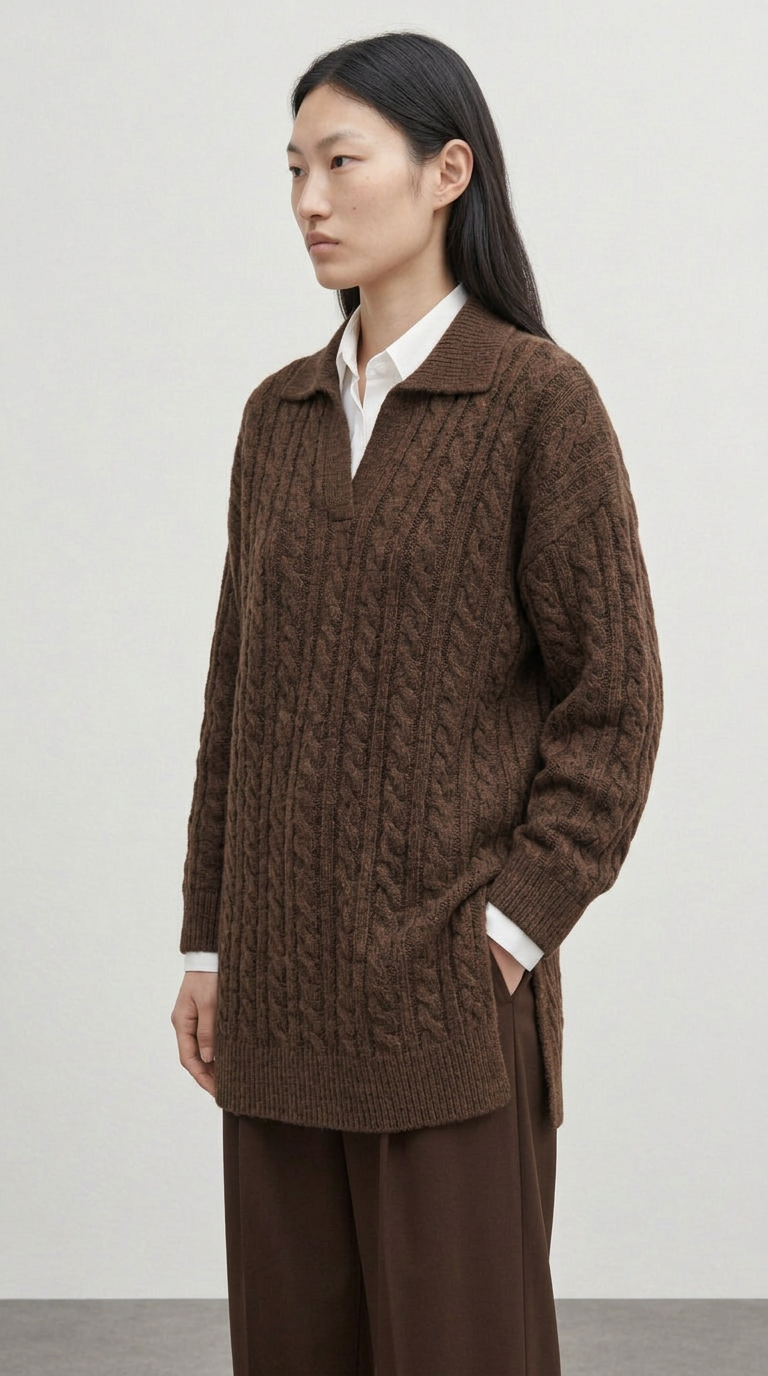 Collared hair knit sweater brown