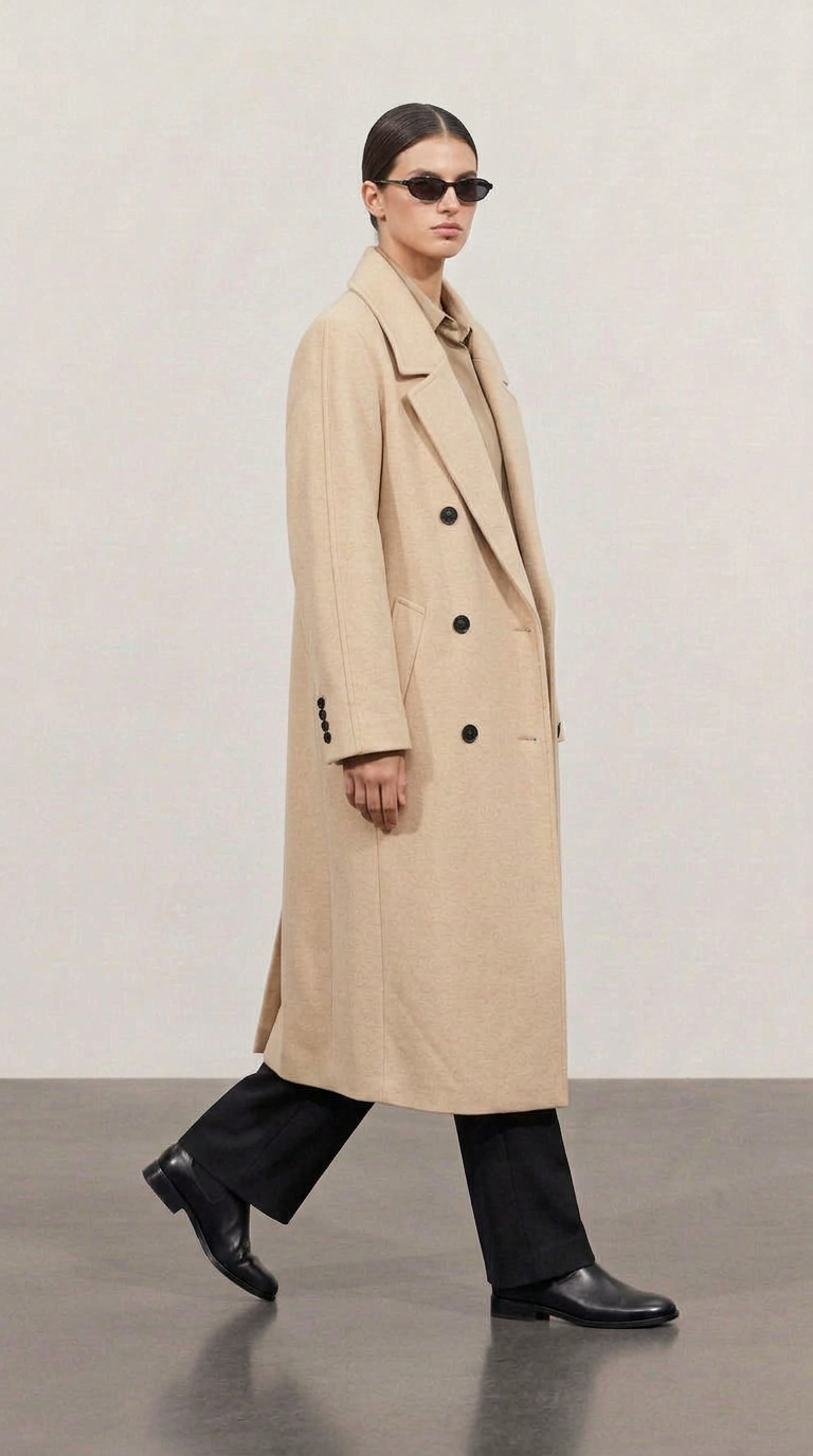 Beige double-breasted wool coat