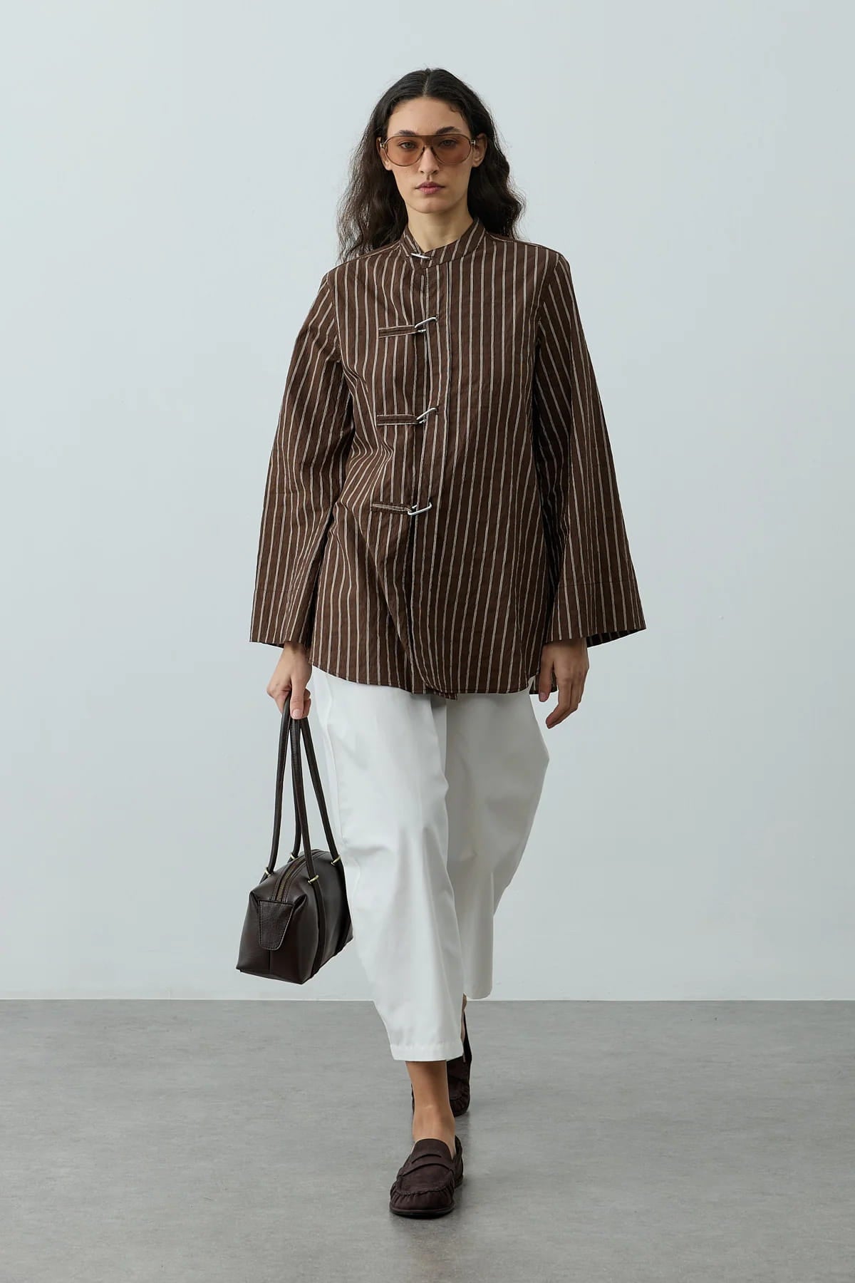 Brown metal detail striped shirt