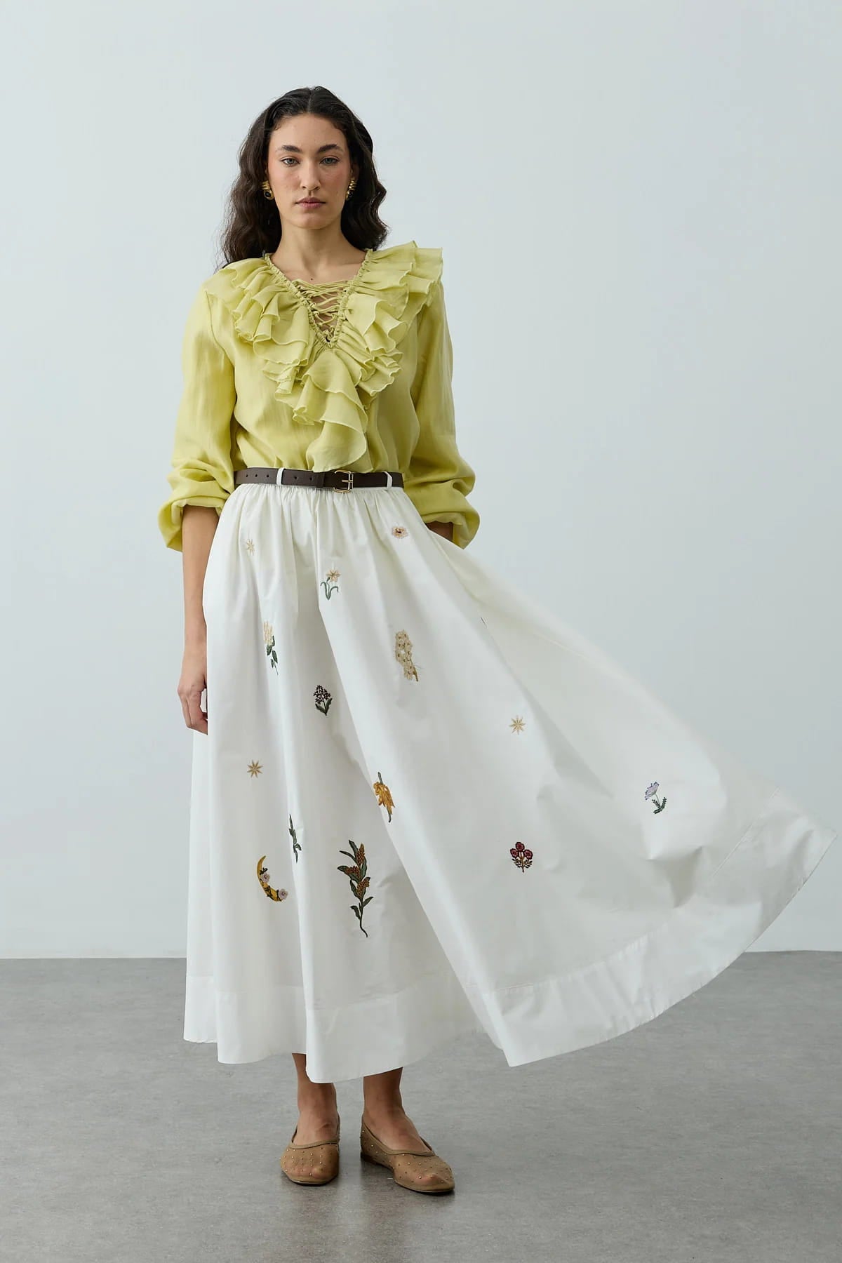 Ecru Embroidered Ruched Skirt