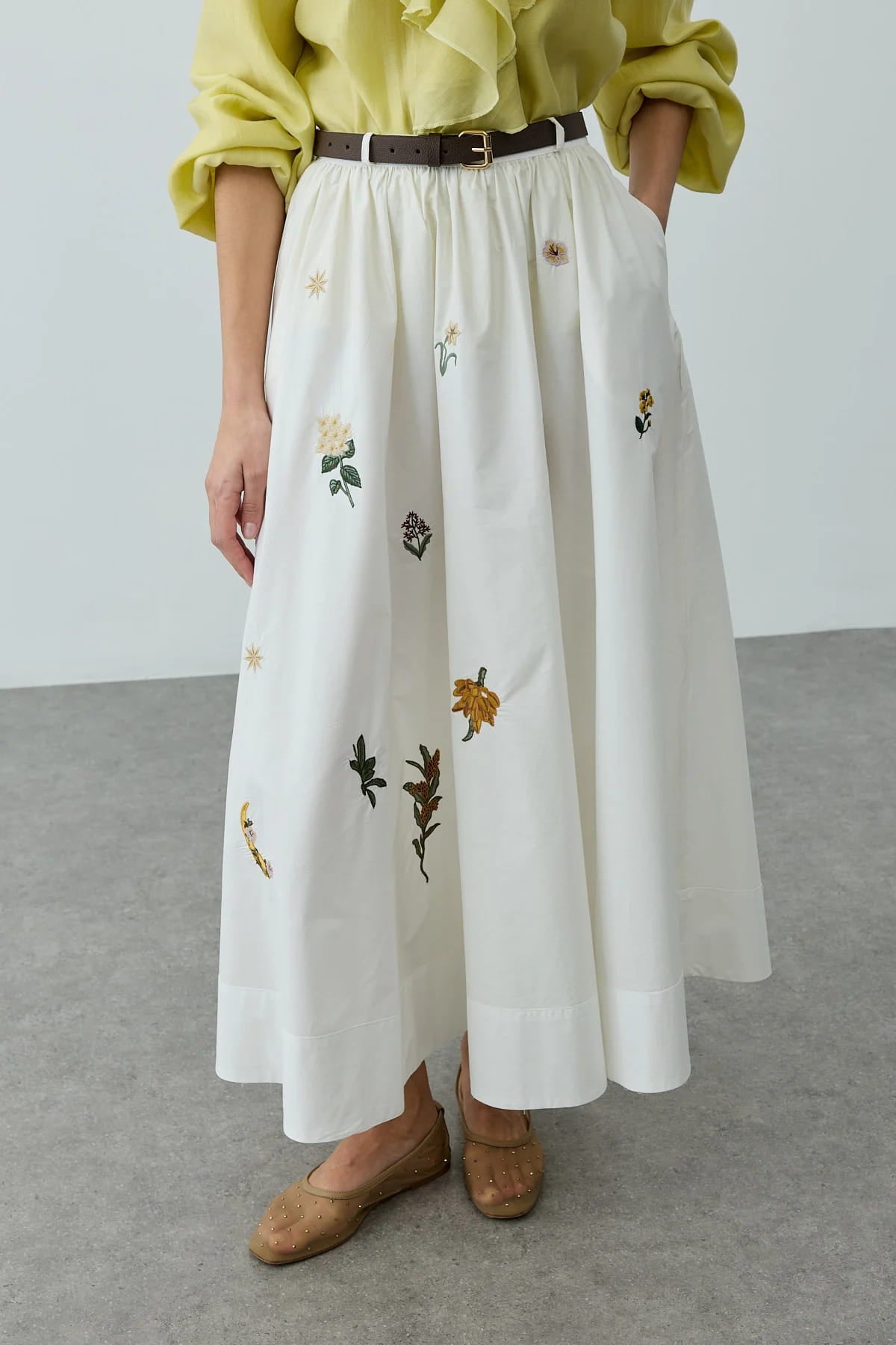 Ecru Embroidered Ruched Skirt