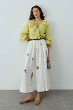 Ecru Embroidered Ruched Skirt
