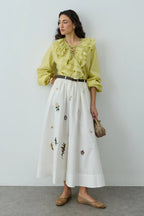 Ecru Embroidered Ruched Skirt