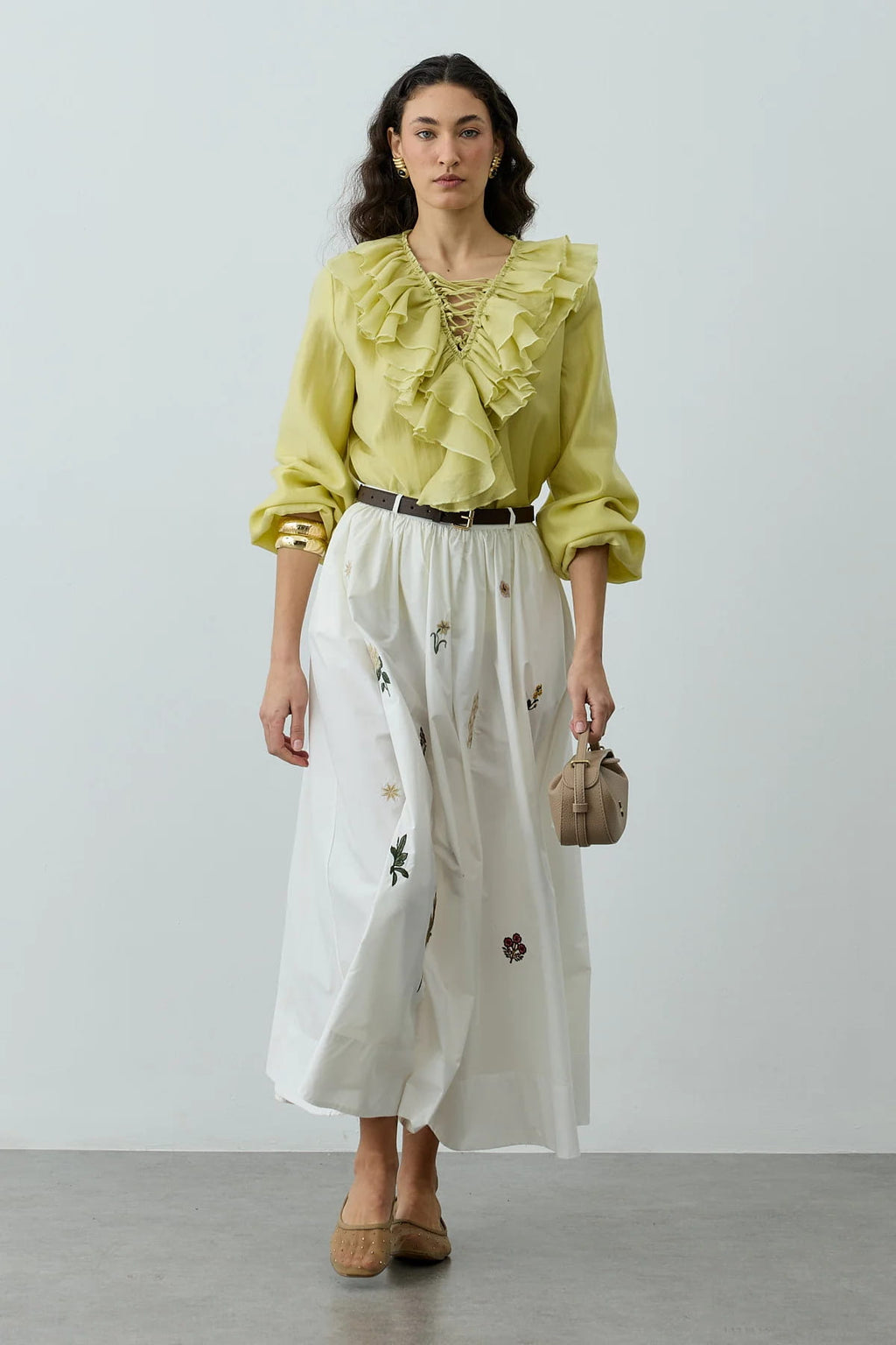 Ecru Embroidered Ruched Skirt