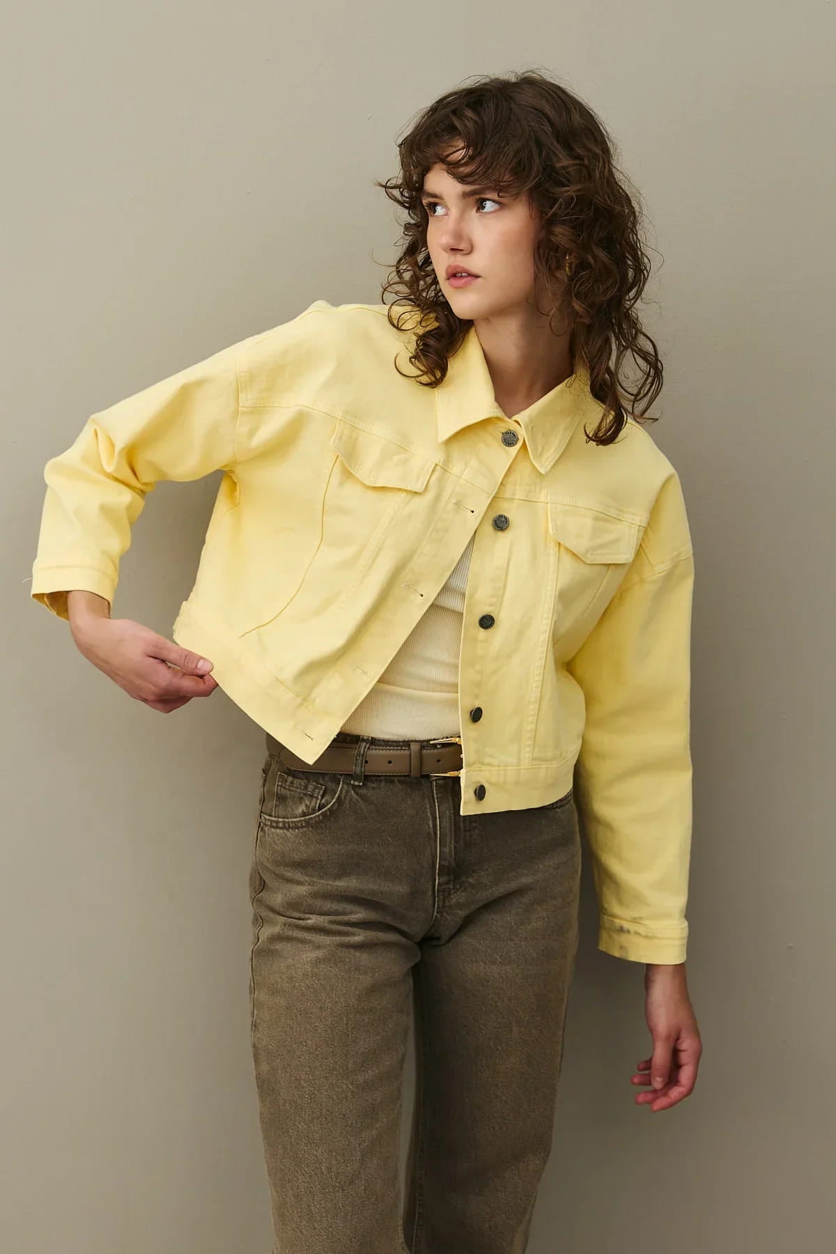 Yellow oversized cropped denim jacket