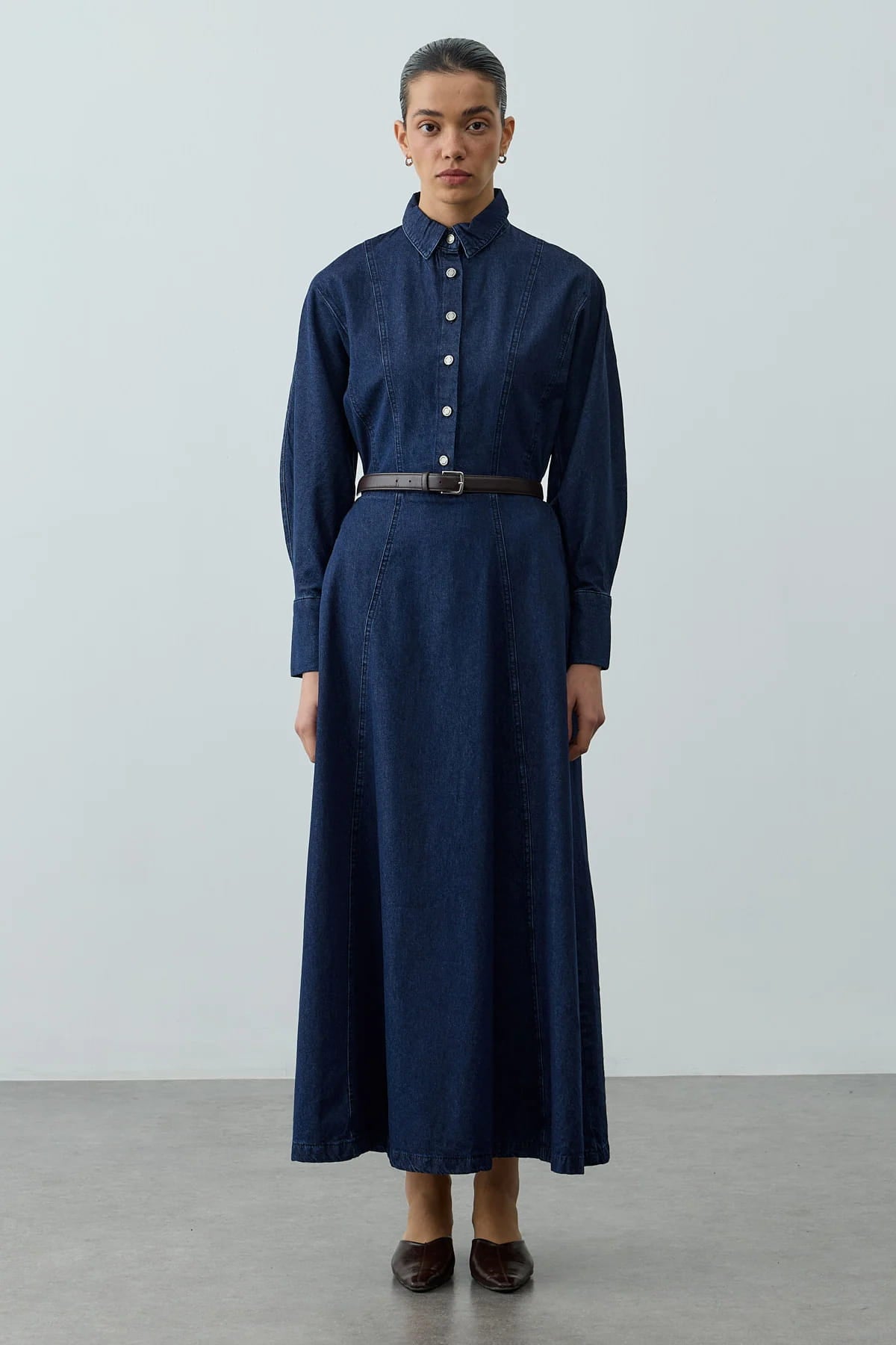 Navy blue denim dress with dart details