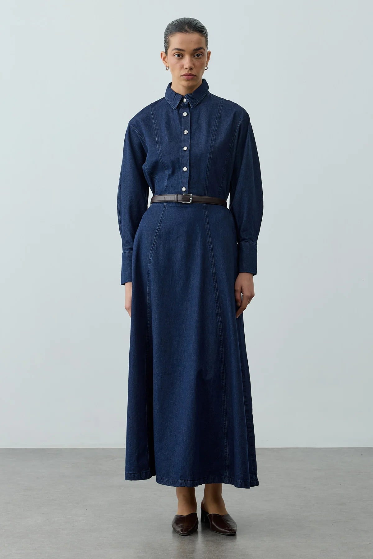 Navy blue denim dress with dart details