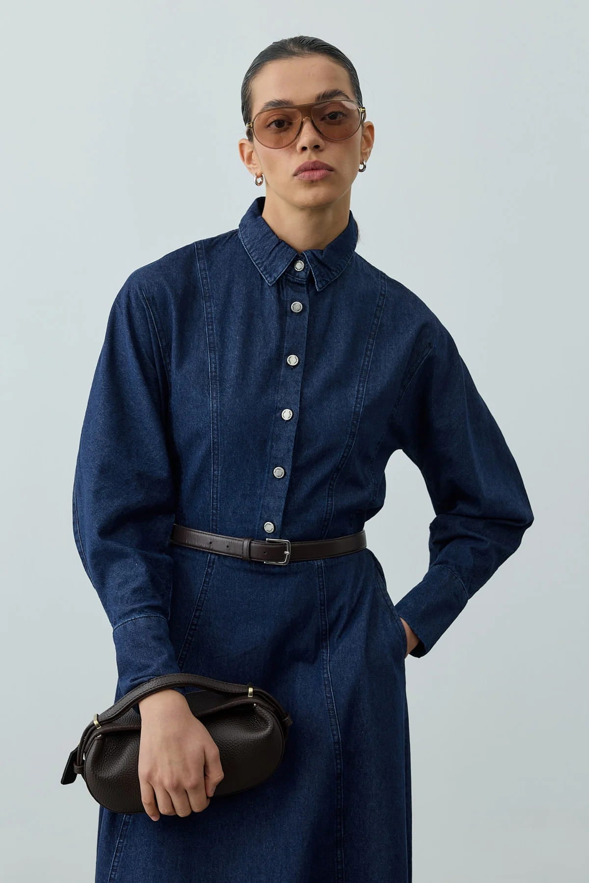 Navy blue denim dress with dart details