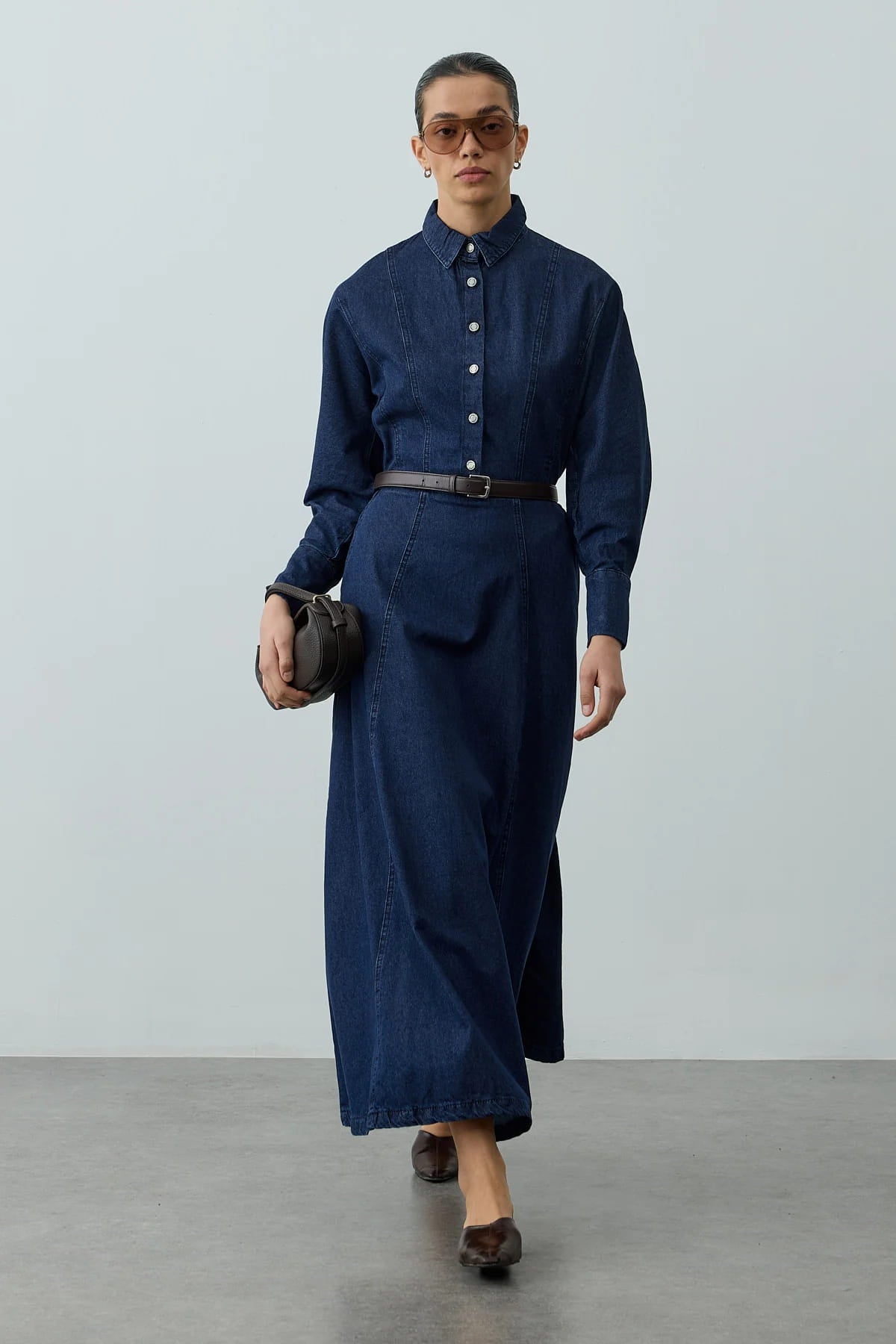 Navy blue denim dress with dart details