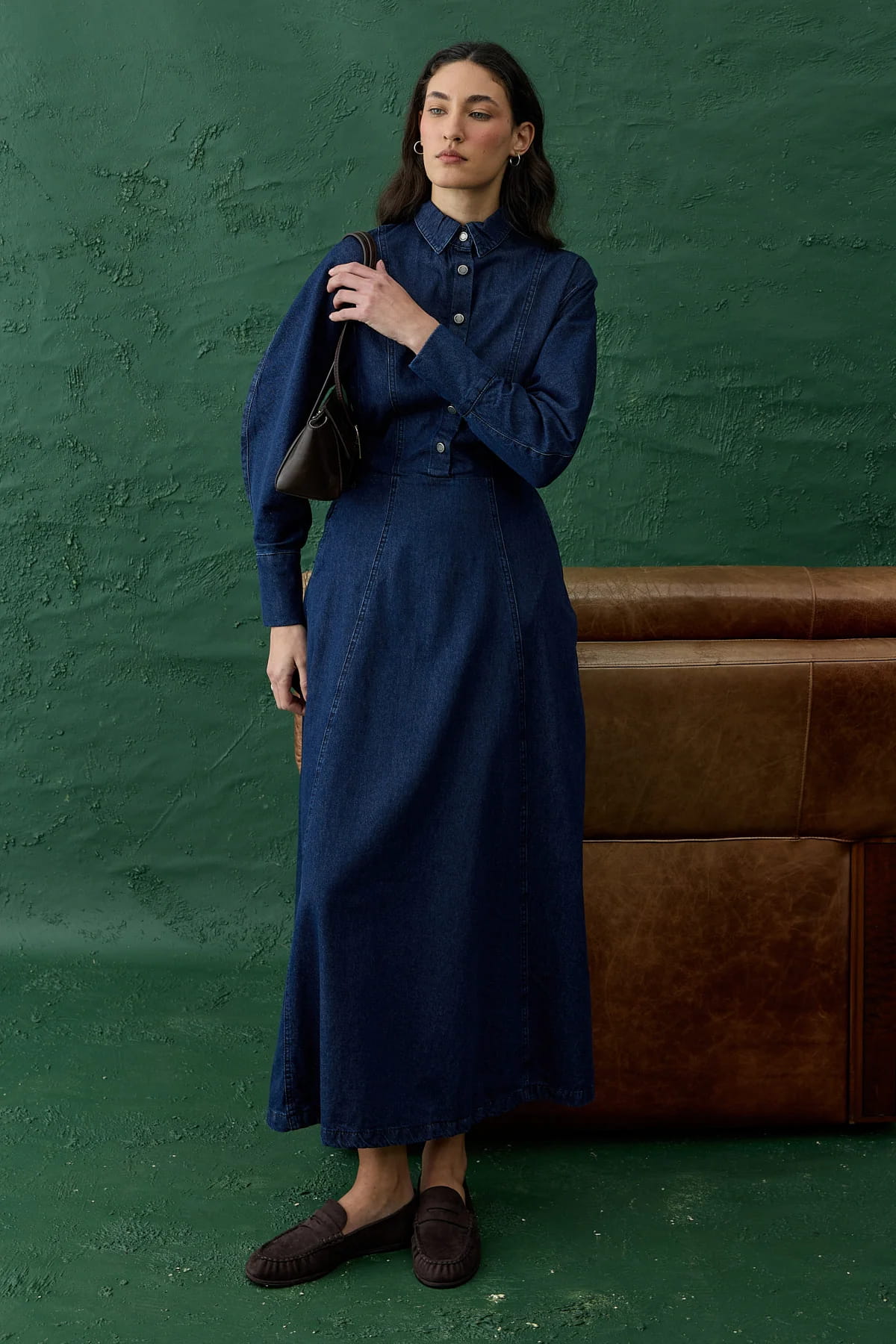 Navy blue denim dress with dart details