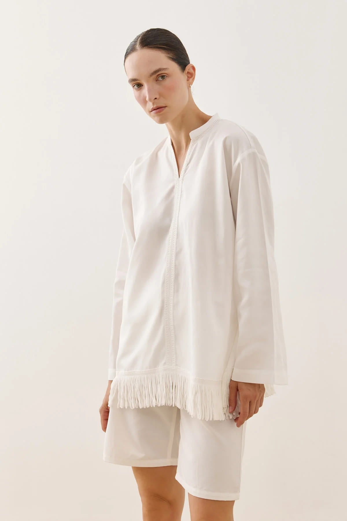 White Fringed Tencel Shirt