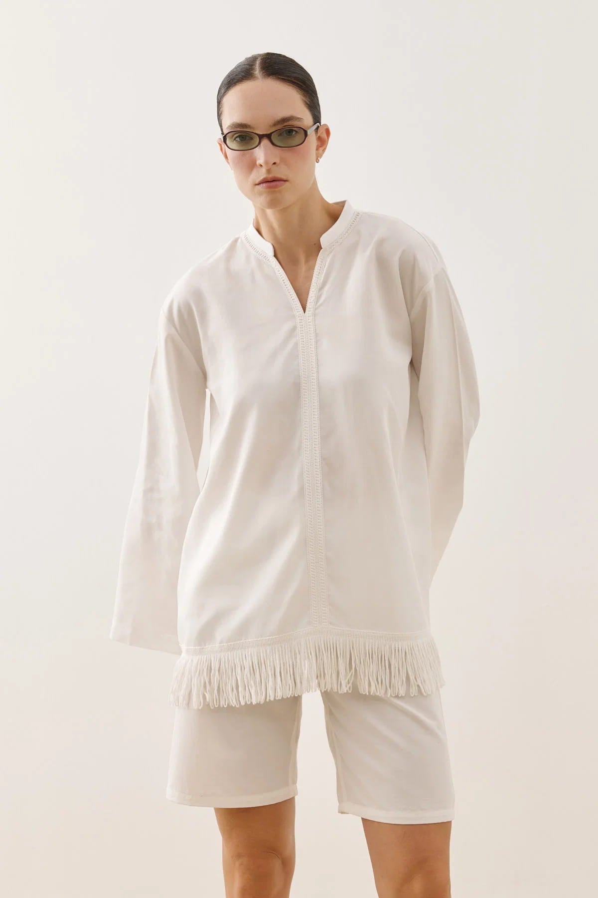 White Fringed Tencel Shirt
