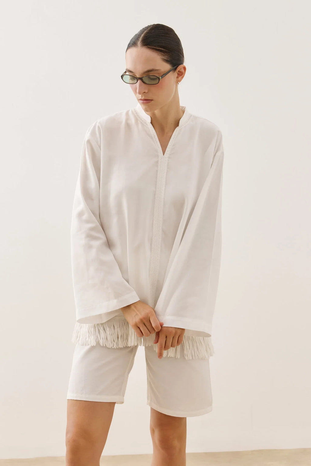 White Fringed Tencel Shirt