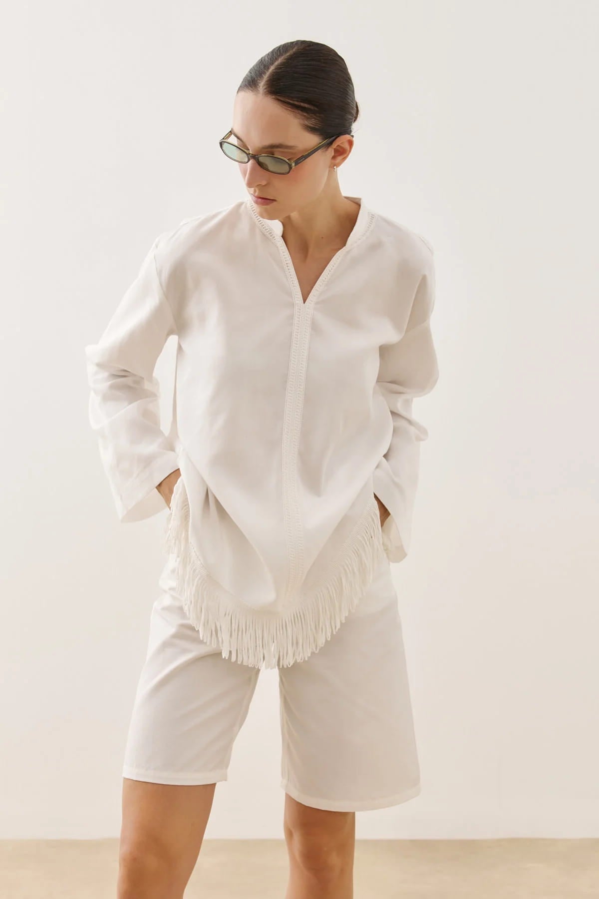White Fringed Tencel Shirt