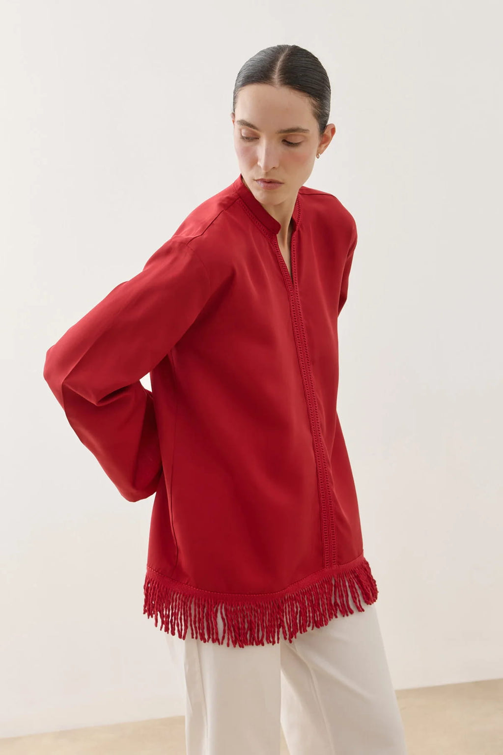 Red Fringed Tencel Shirt