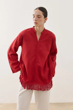 Red Fringed Tencel Shirt