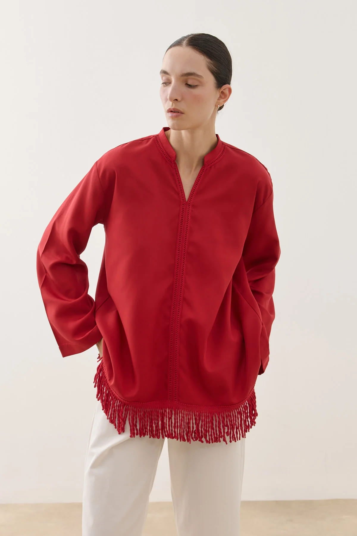 Red Fringed Tencel Shirt