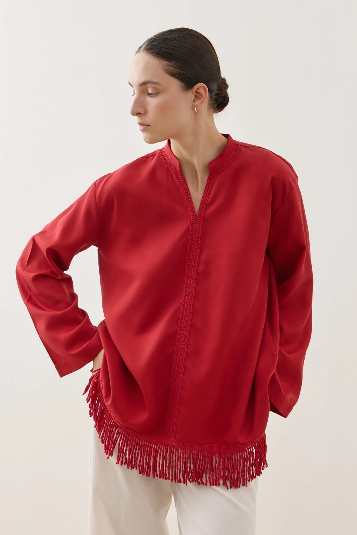 Red Fringed Tencel Shirt