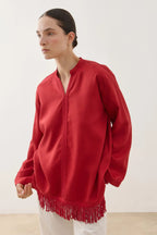 Red Fringed Tencel Shirt