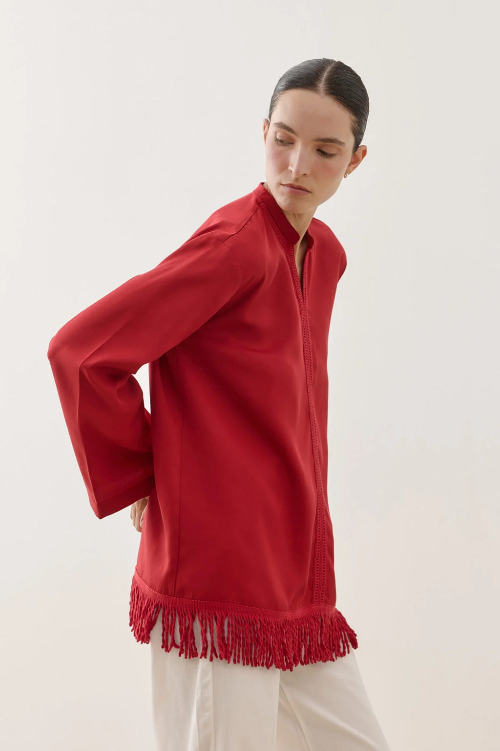 Red Fringed Tencel Shirt