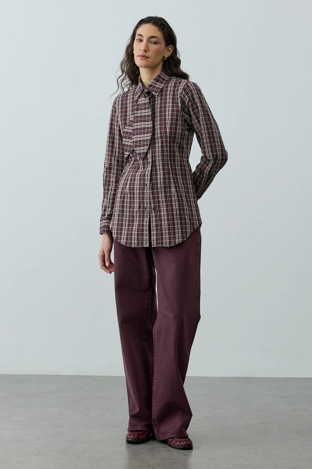 Burgundy Plaid Scarf Shirt