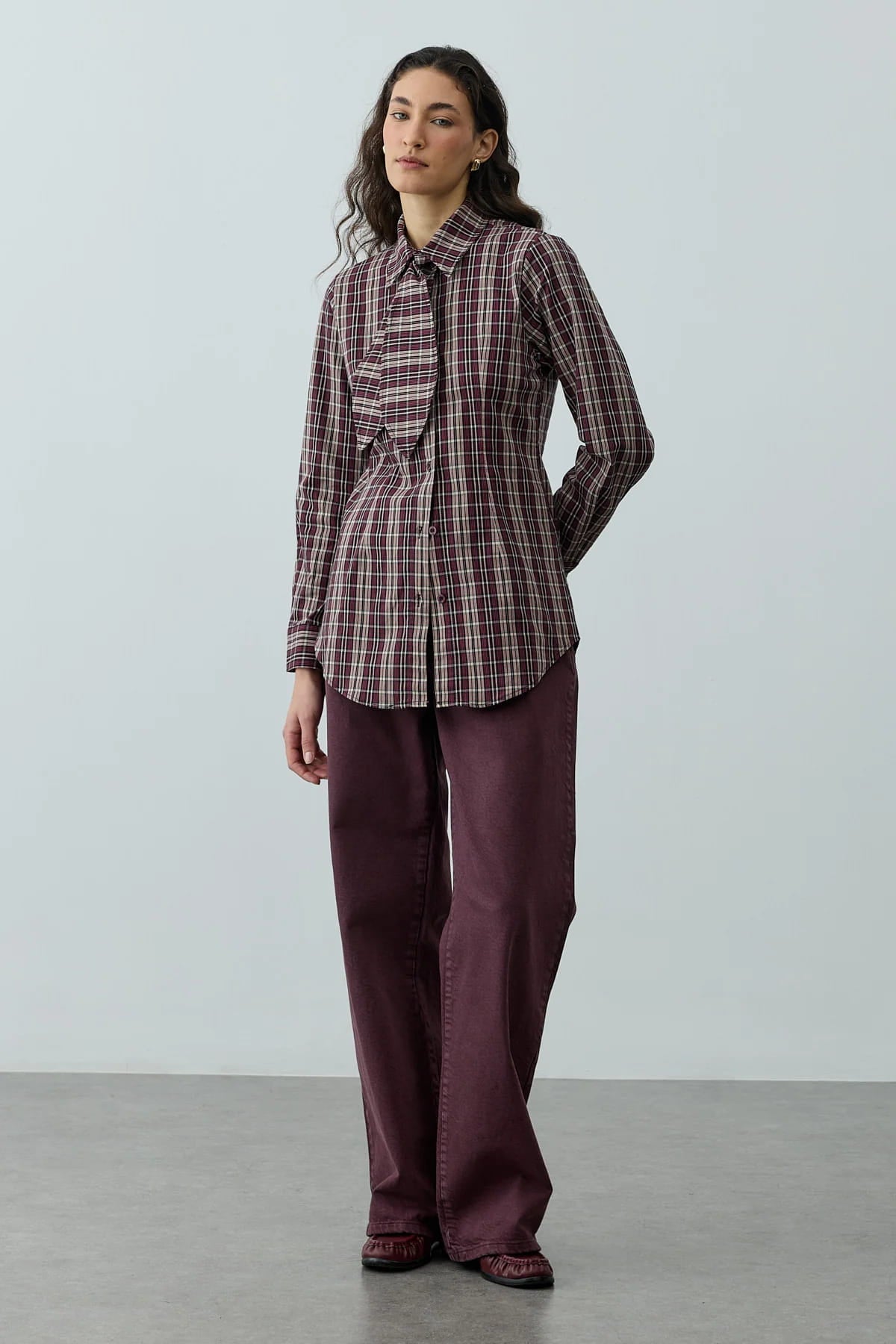 Burgundy Plaid Scarf Shirt