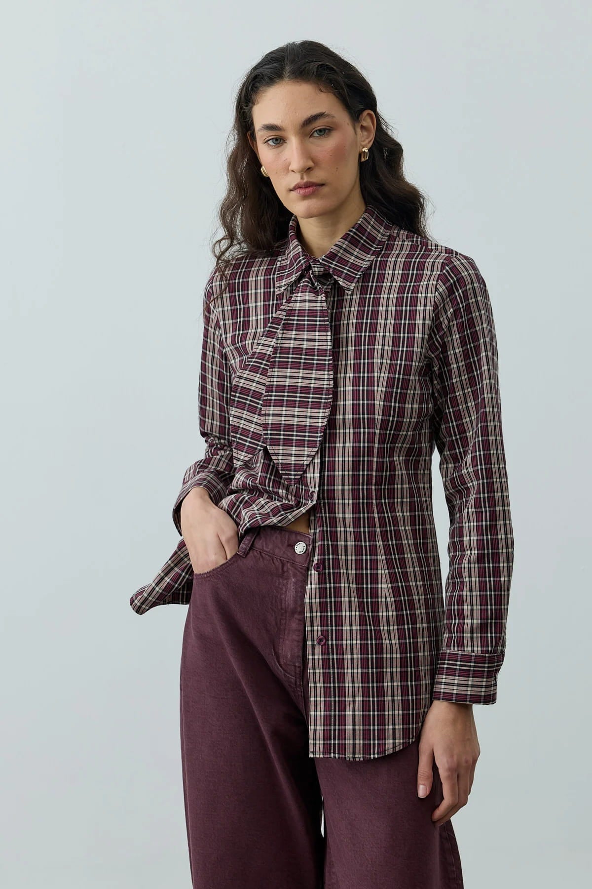 Burgundy Plaid Scarf Shirt
