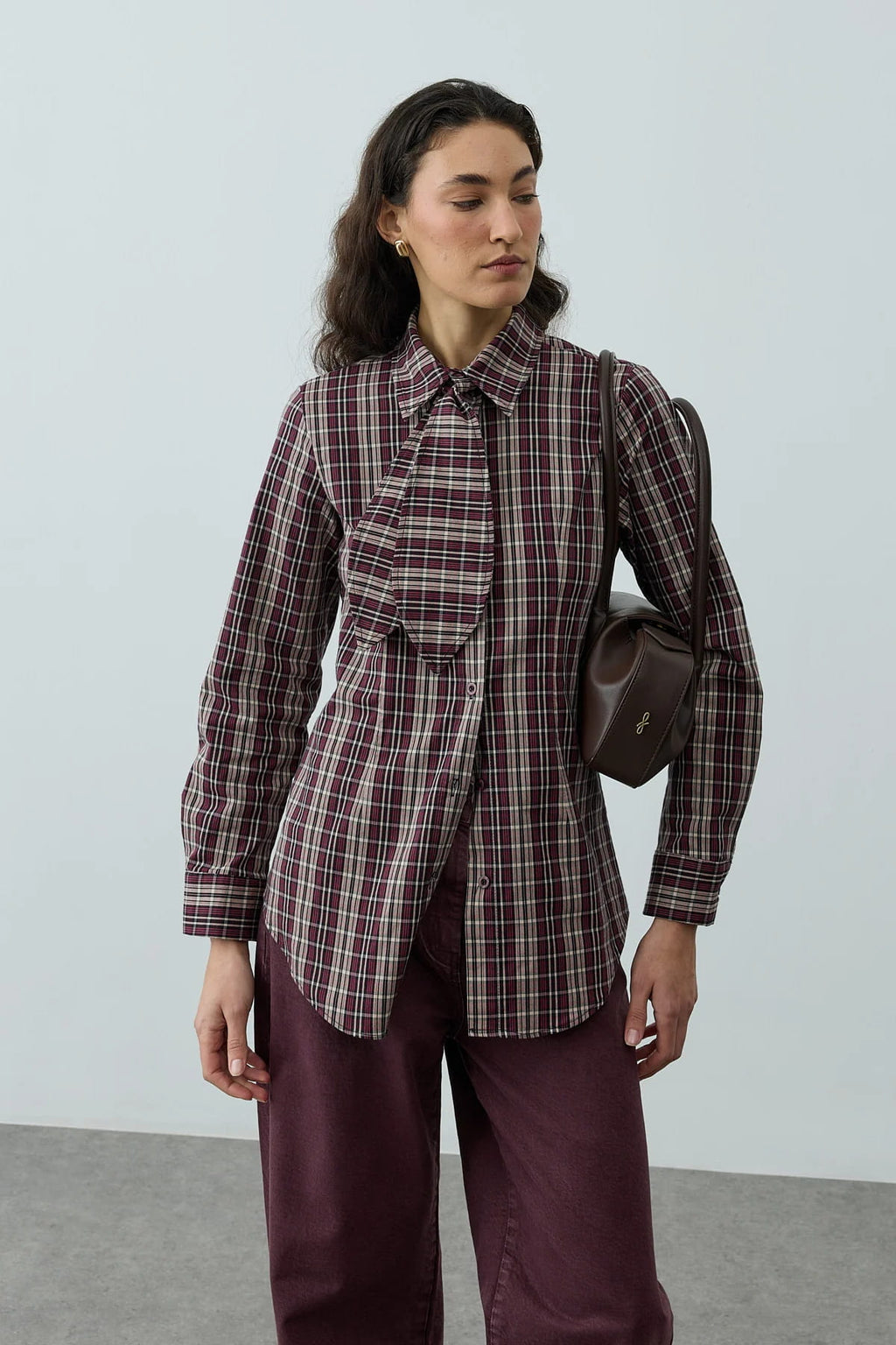 Burgundy Plaid Scarf Shirt