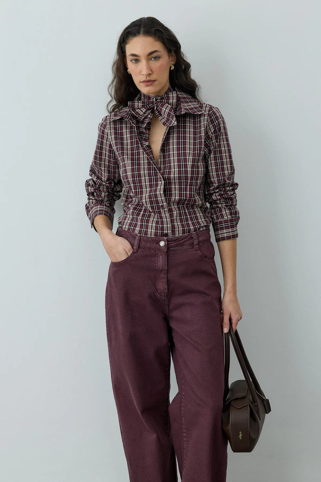 Burgundy Plaid Scarf Shirt
