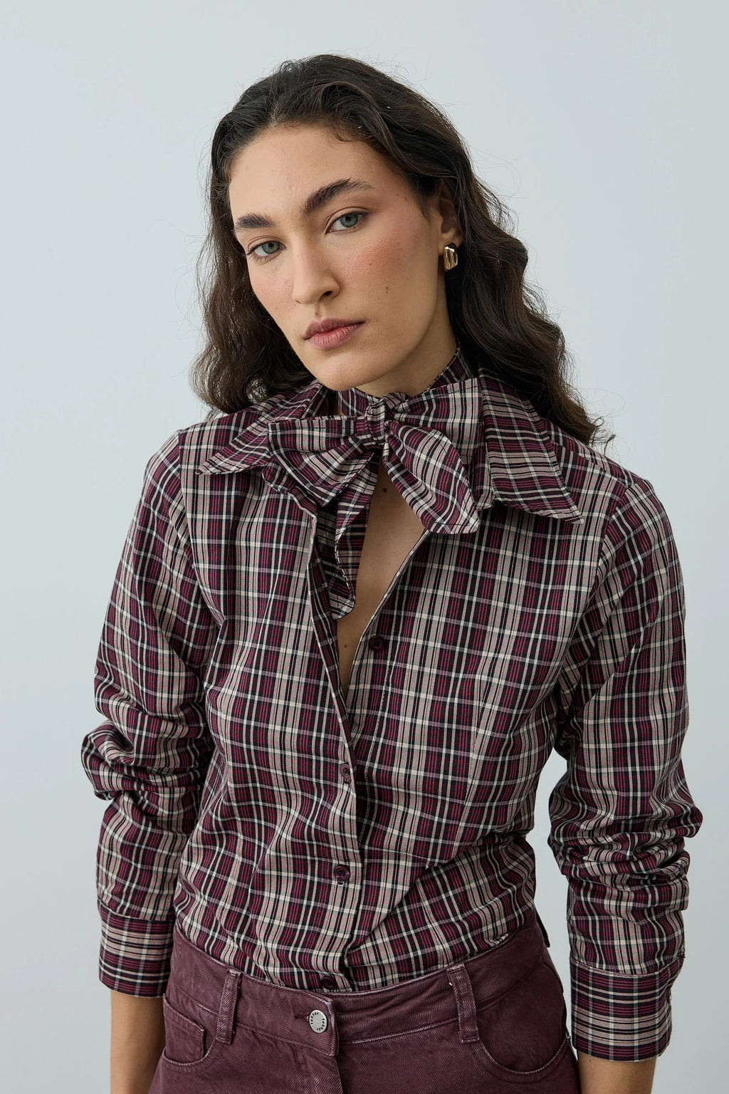 Burgundy Plaid Scarf Shirt