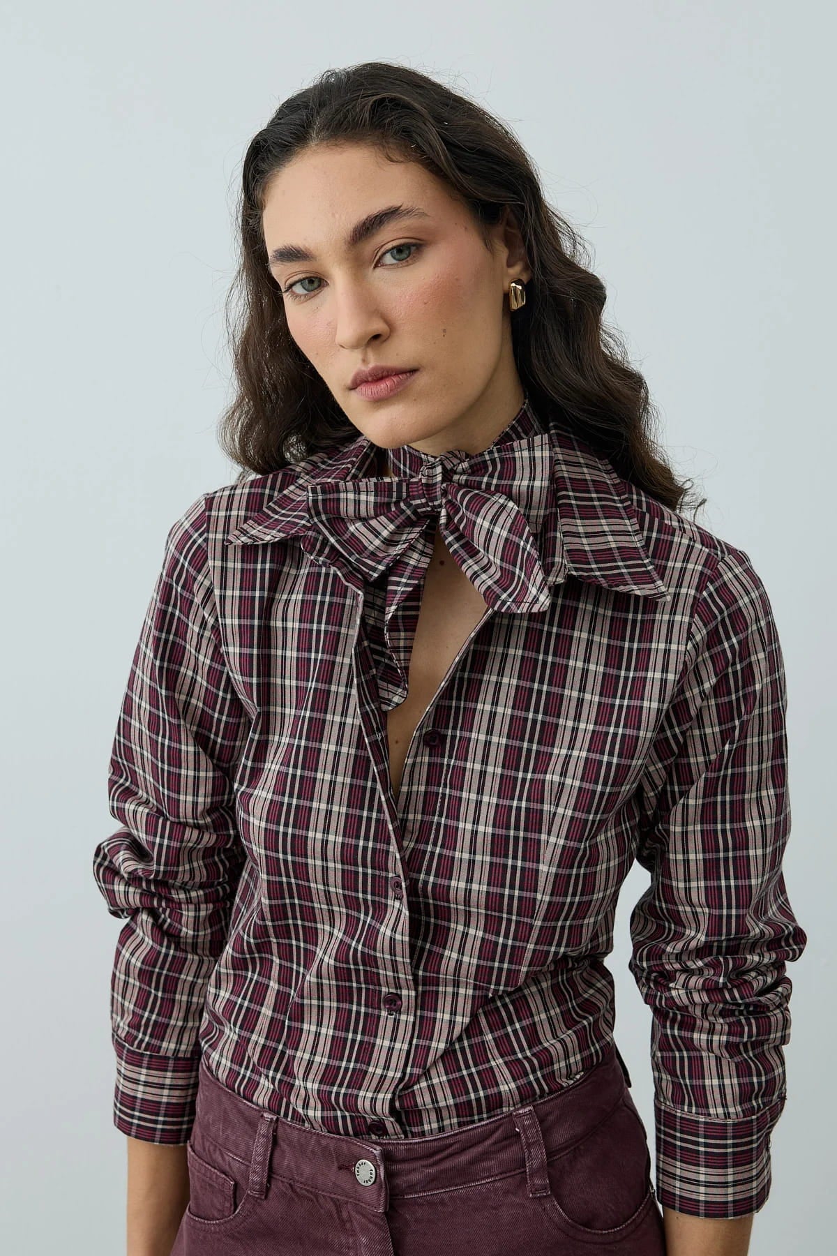 Burgundy Plaid Scarf Shirt