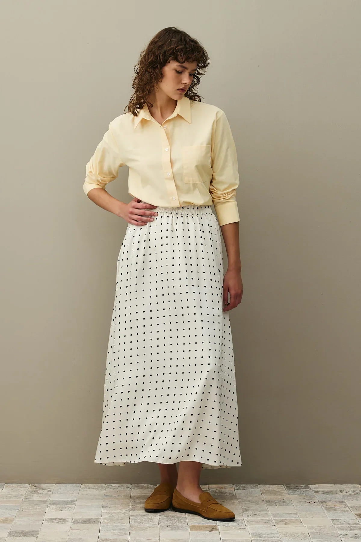 Ecru twill polka dot flared skirt
