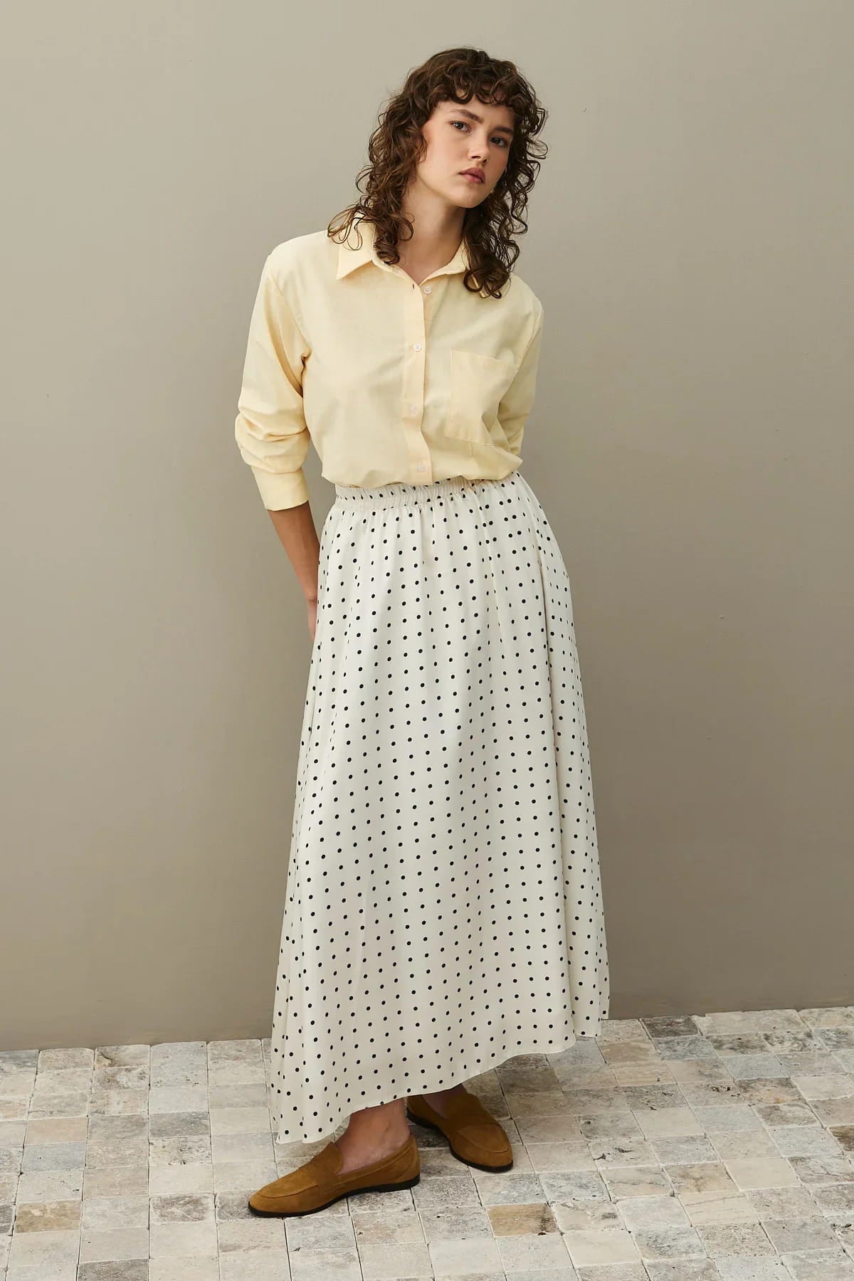 Ecru twill polka dot flared skirt